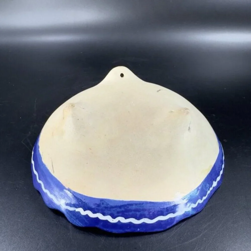 Vintage Hand Made Mexico Folk Art Pottery‎ Footed Bowl Dish Multicolor Blue Dish